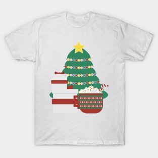 Decorated Christmas tree, White Red gifts box and large Red Green mug with hot cocoa, whipped cream, marshmallow and striped candy cane on White background T-Shirt